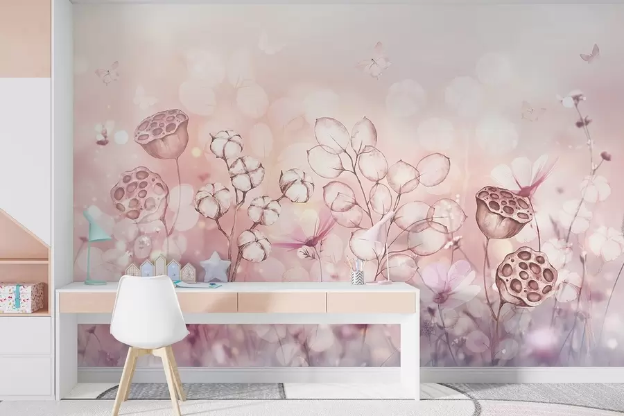 murais de parede Jardim de flores sonhador, borboleta, flores de algodão, lótus, cores rosa w02516