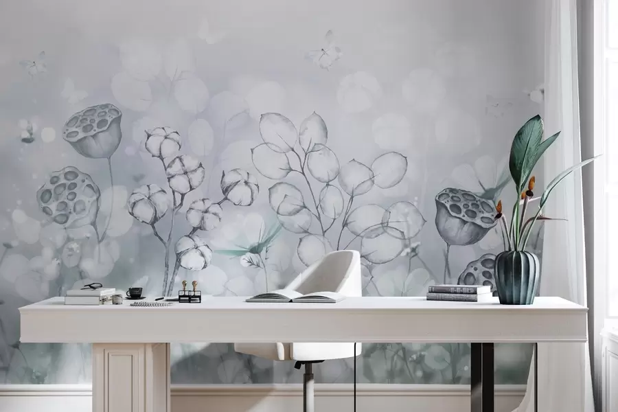 murais de parede Jardim de flores sonhador, borboleta, flores de algodão, lótus, cores cinza w02516v2