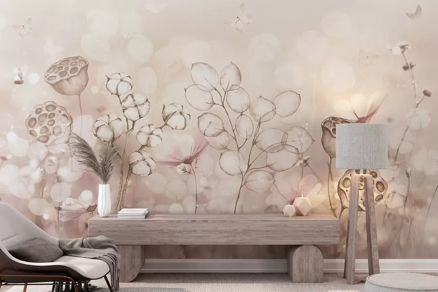 murais de parede Jardim de flores sonhador, borboleta, flores de algodão, lótus, cores bege w02516v3