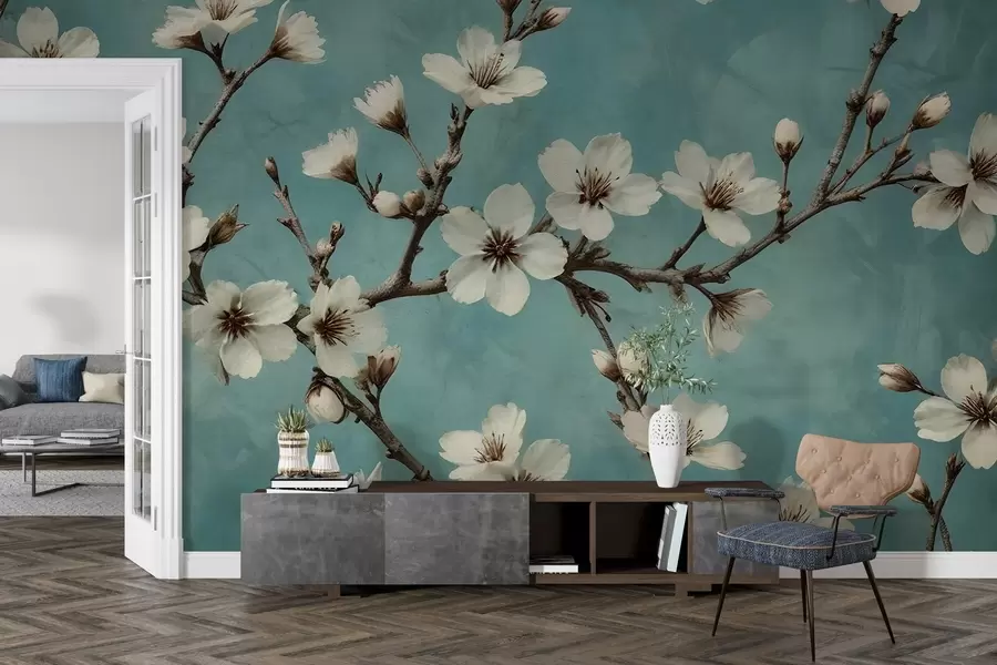 murais de parede Ramos florescendo em um fundo de concreto w02610