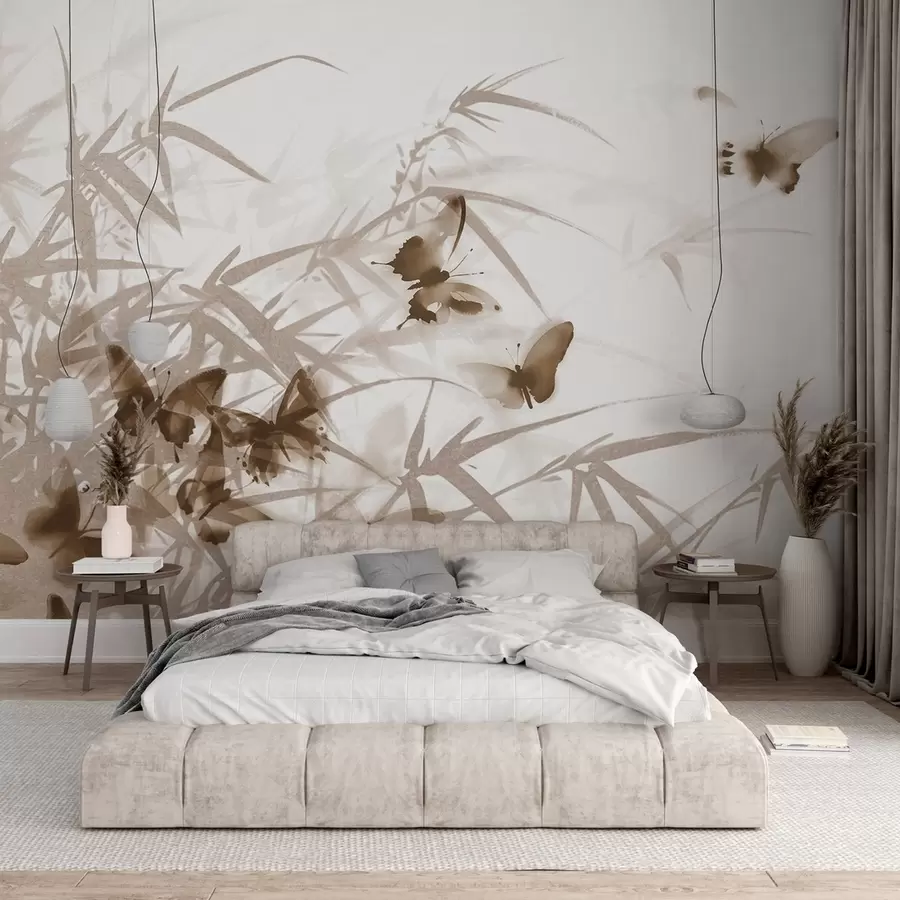 murais de parede Folhas e caules de bambu texturizados com borboletas marrons voadoras com asas transparentes w08524v1