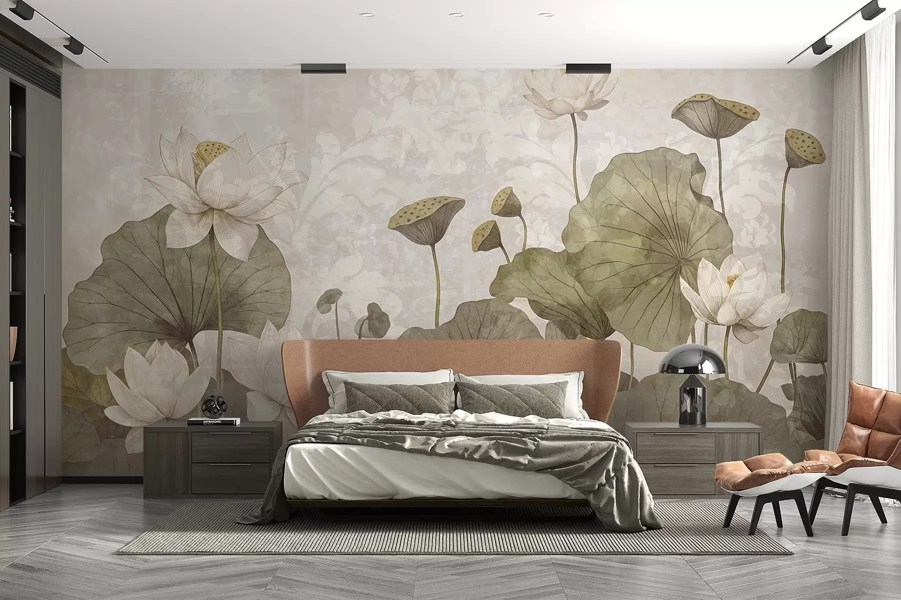 murais de parede Um campo de flores de lótus brancas com grandes folhas verdes em um fundo bege suave e com textura nebulosa w08527