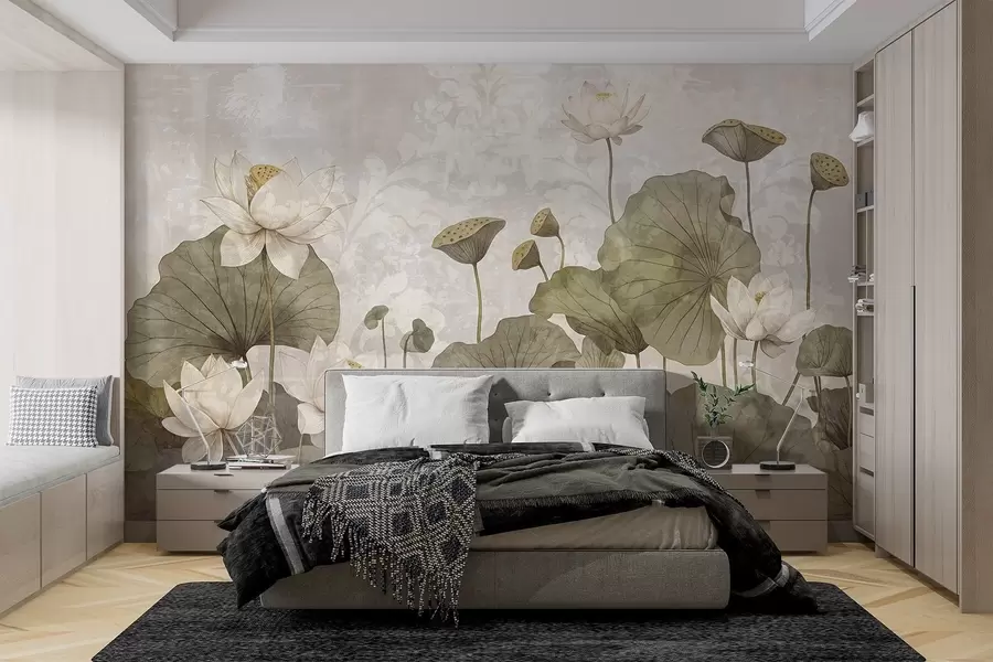 murais de parede Um campo de flores de lótus brancas com grandes folhas verdes em um fundo bege suave e com textura nebulosa w08527
