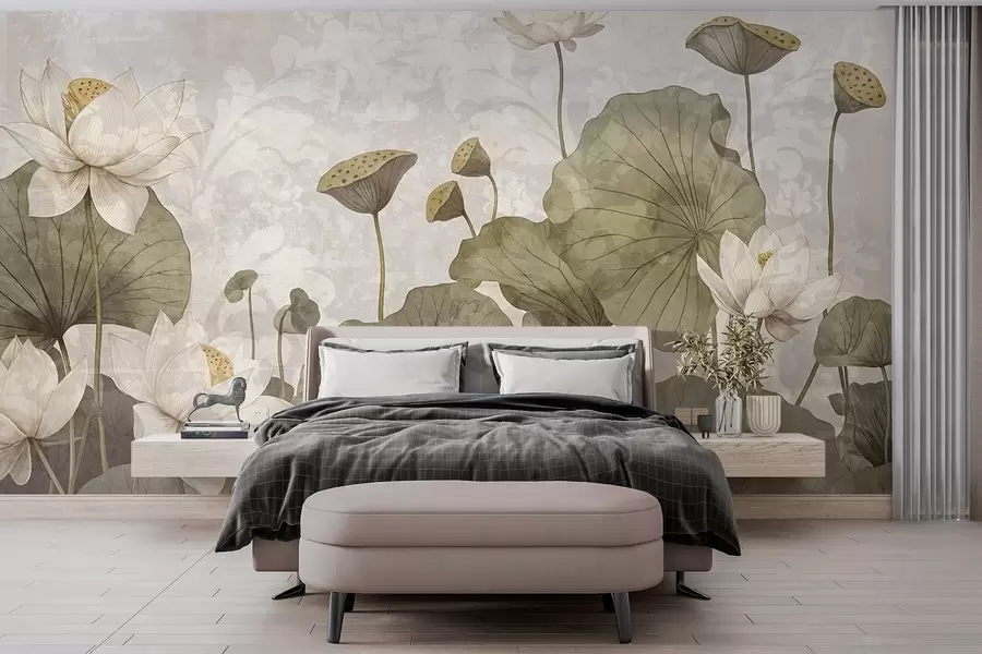 murais de parede Um campo de flores de lótus brancas com grandes folhas verdes em um fundo bege suave e com textura nebulosa w08527