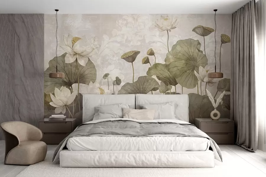 murais de parede Um campo de flores de lótus brancas com grandes folhas verdes em um fundo bege suave e com textura nebulosa w08527