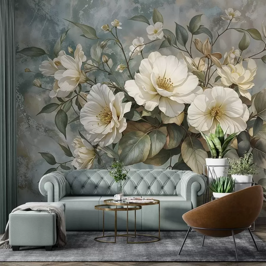murais de parede Flores de peônia grandes, brancas e detalhadas com folhas verdes em um fundo turquesa suave e texturizado w08528