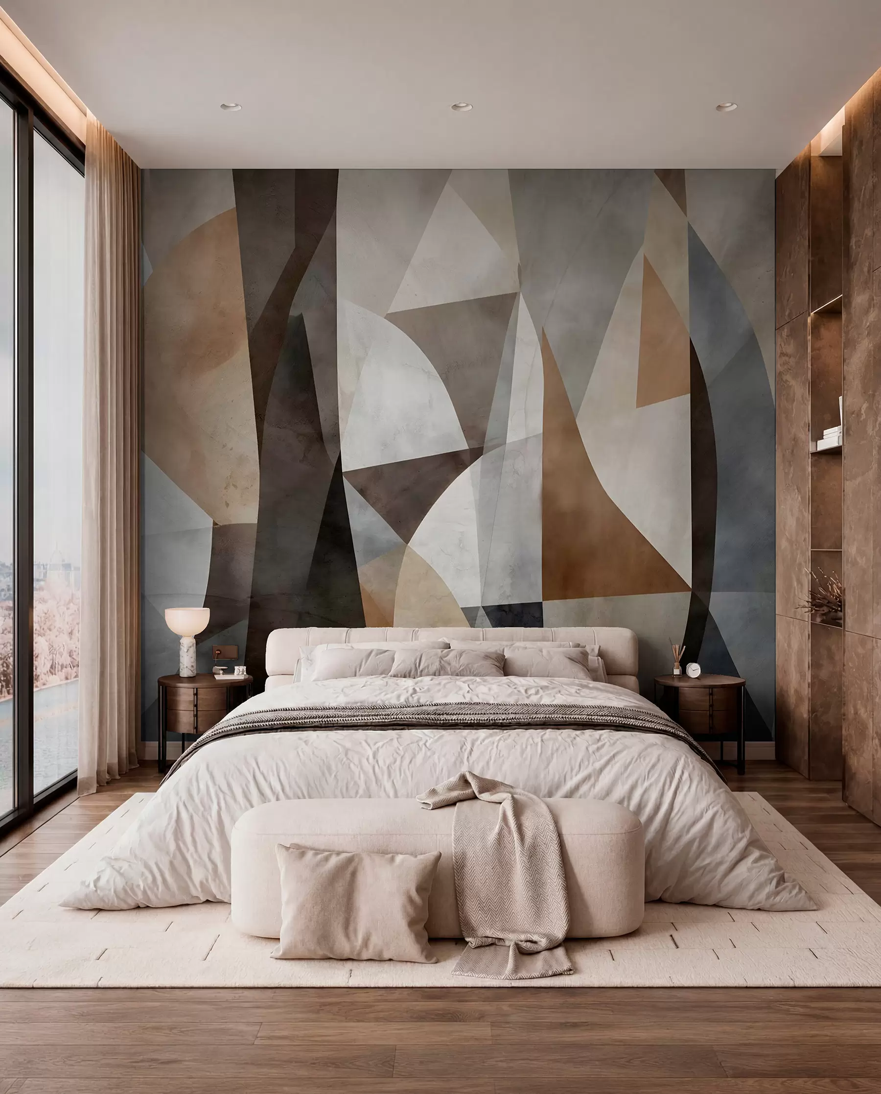 murais de parede Arte moderna abstrata com formas geométricas texturizadas em tons de marrom, cinza e bege w08530