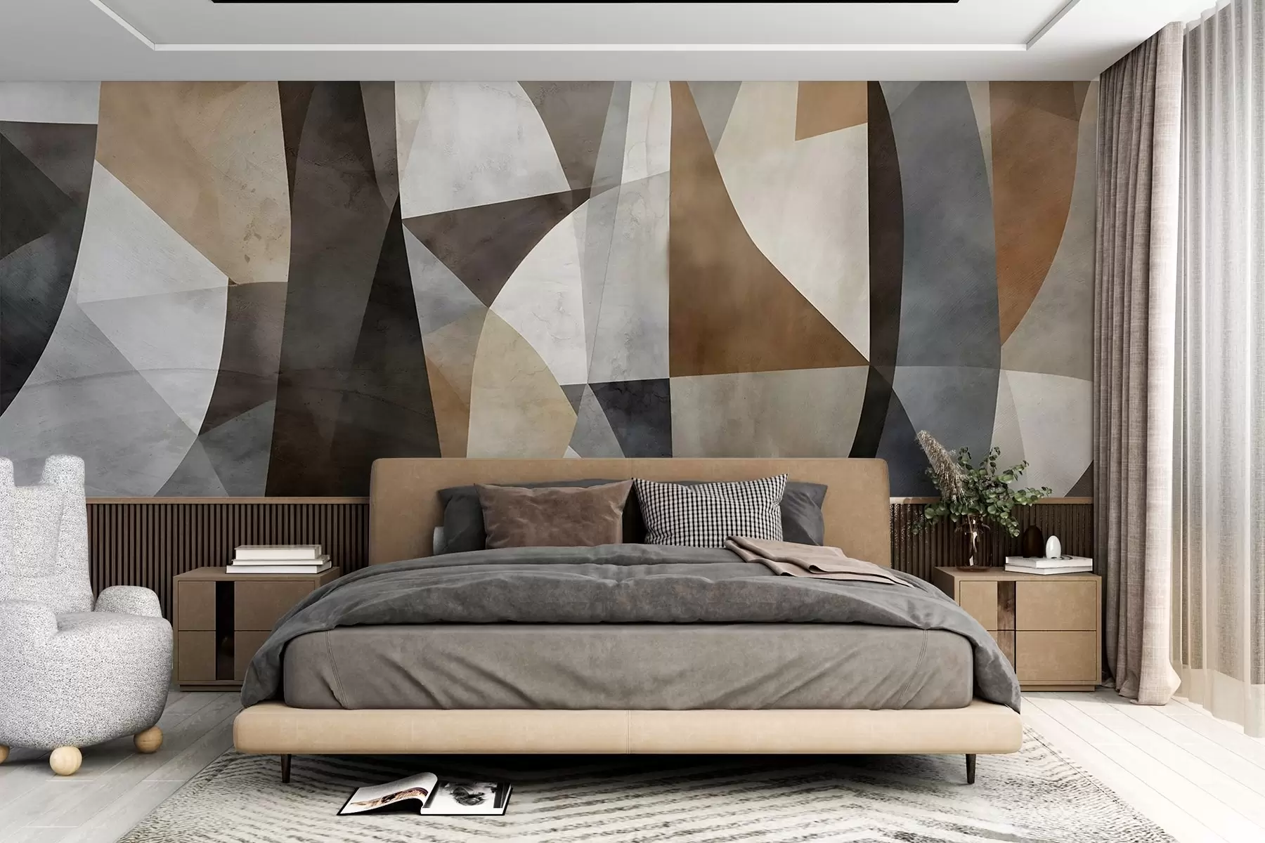 murais de parede Arte moderna abstrata com formas geométricas texturizadas em tons de marrom, cinza e bege w08530