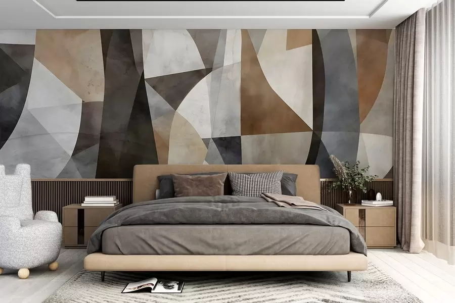 murais de parede Arte moderna abstrata com formas geométricas texturizadas em tons de marrom, cinza e bege w08530