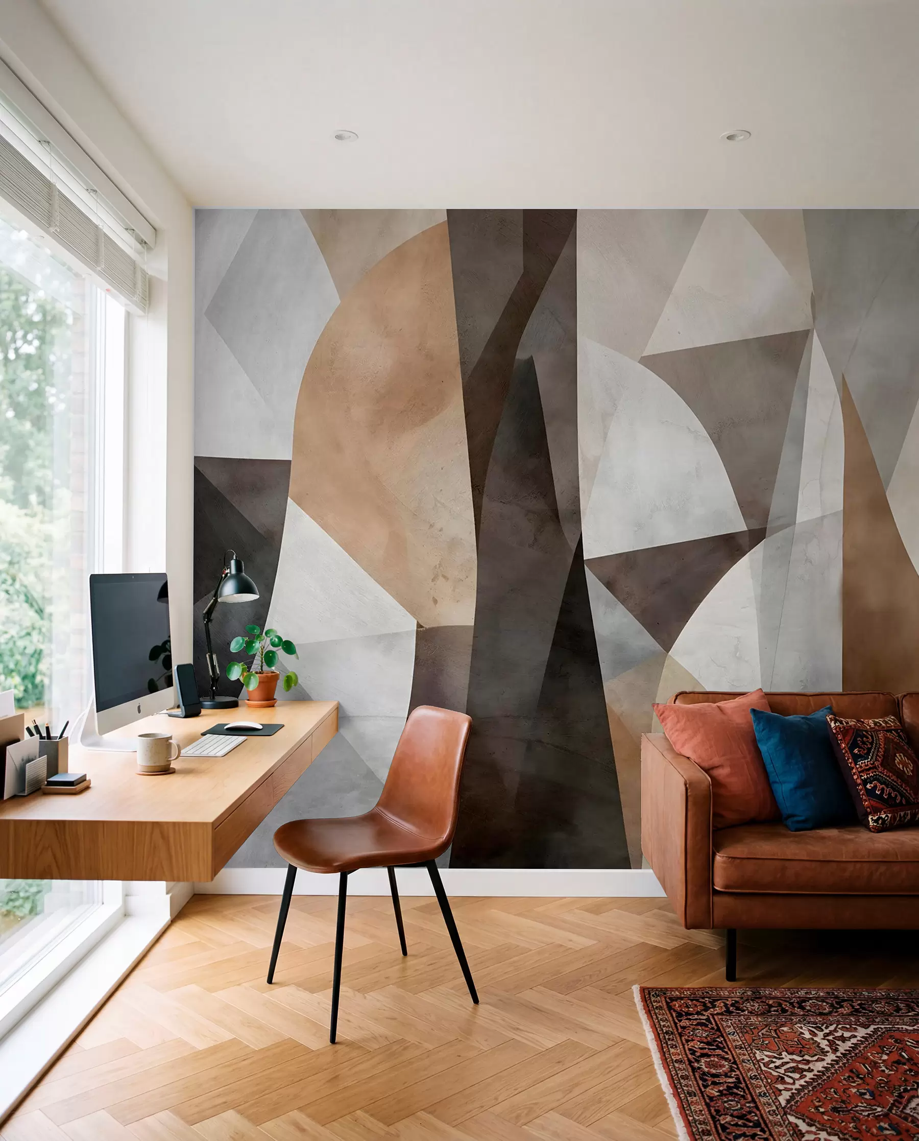 murais de parede Arte moderna abstrata com formas geométricas texturizadas em tons de marrom, cinza e bege w08530