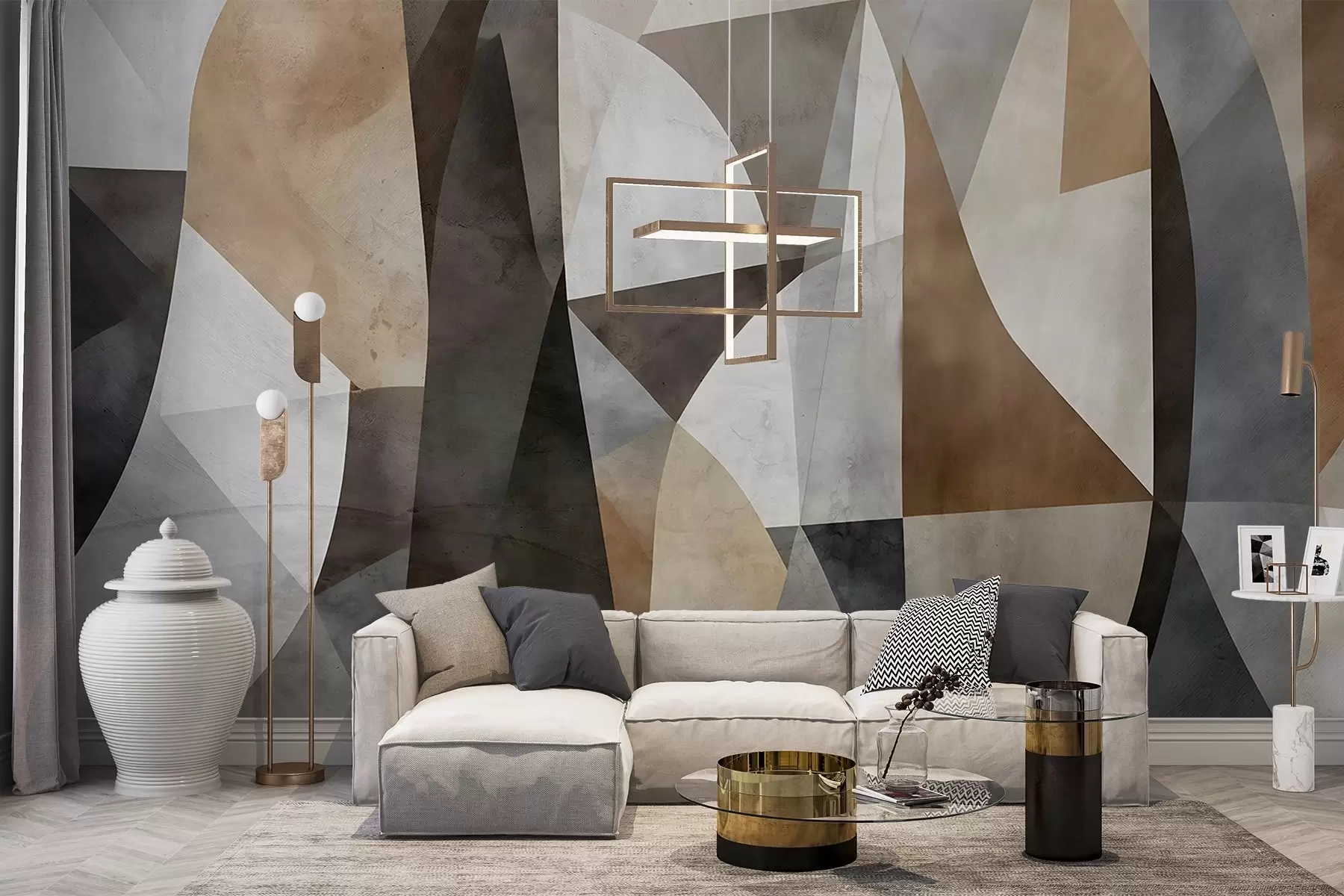 murais de parede Arte moderna abstrata com formas geométricas texturizadas em tons de marrom, cinza e bege w08530