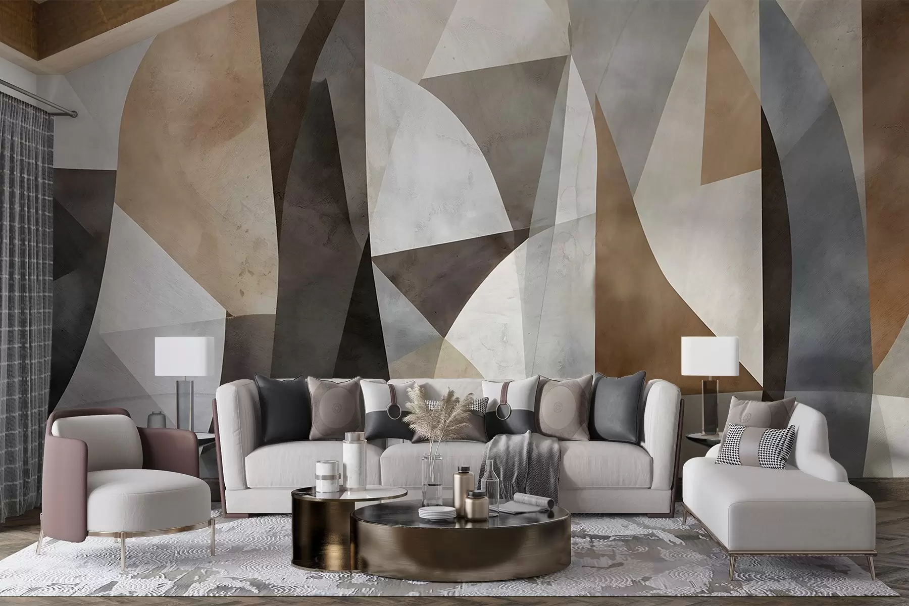 murais de parede Arte moderna abstrata com formas geométricas texturizadas em tons de marrom, cinza e bege w08530