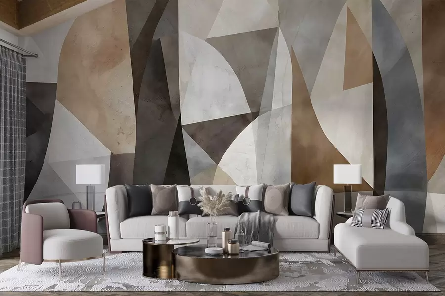 murais de parede Arte moderna abstrata com formas geométricas texturizadas em tons de marrom, cinza e bege w08530