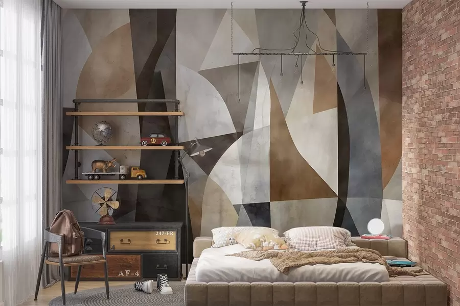 murais de parede Arte moderna abstrata com formas geométricas texturizadas em tons de marrom, cinza e bege w08530