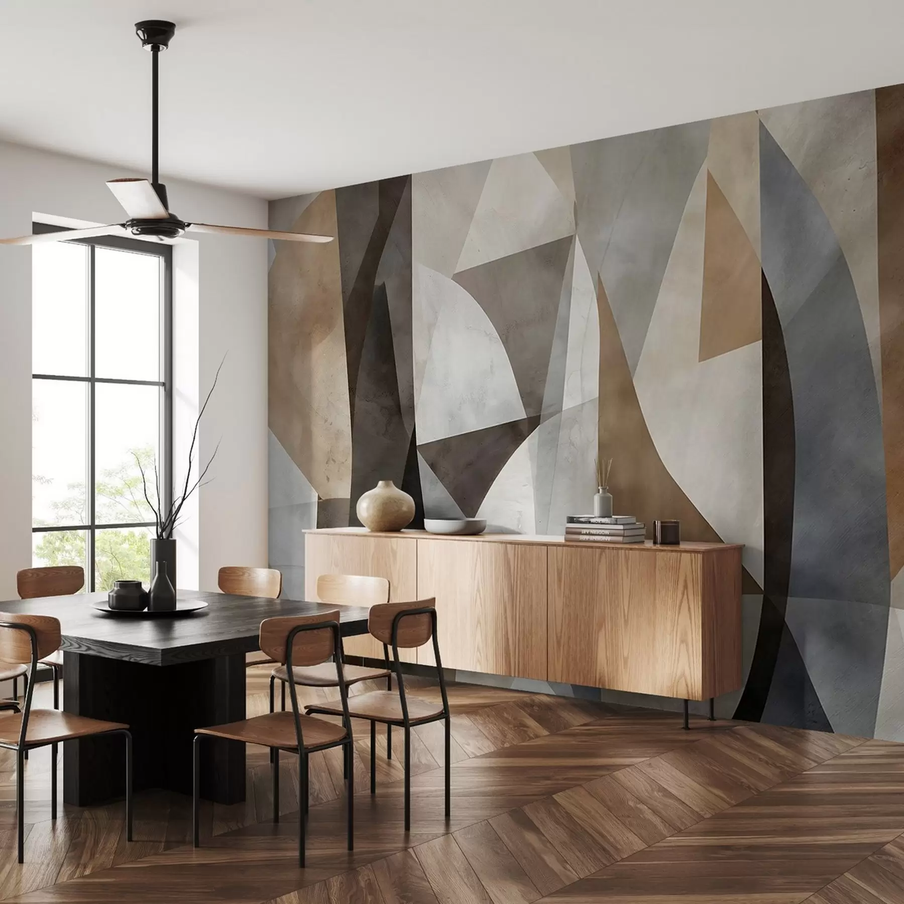 murais de parede Arte moderna abstrata com formas geométricas texturizadas em tons de marrom, cinza e bege w08530