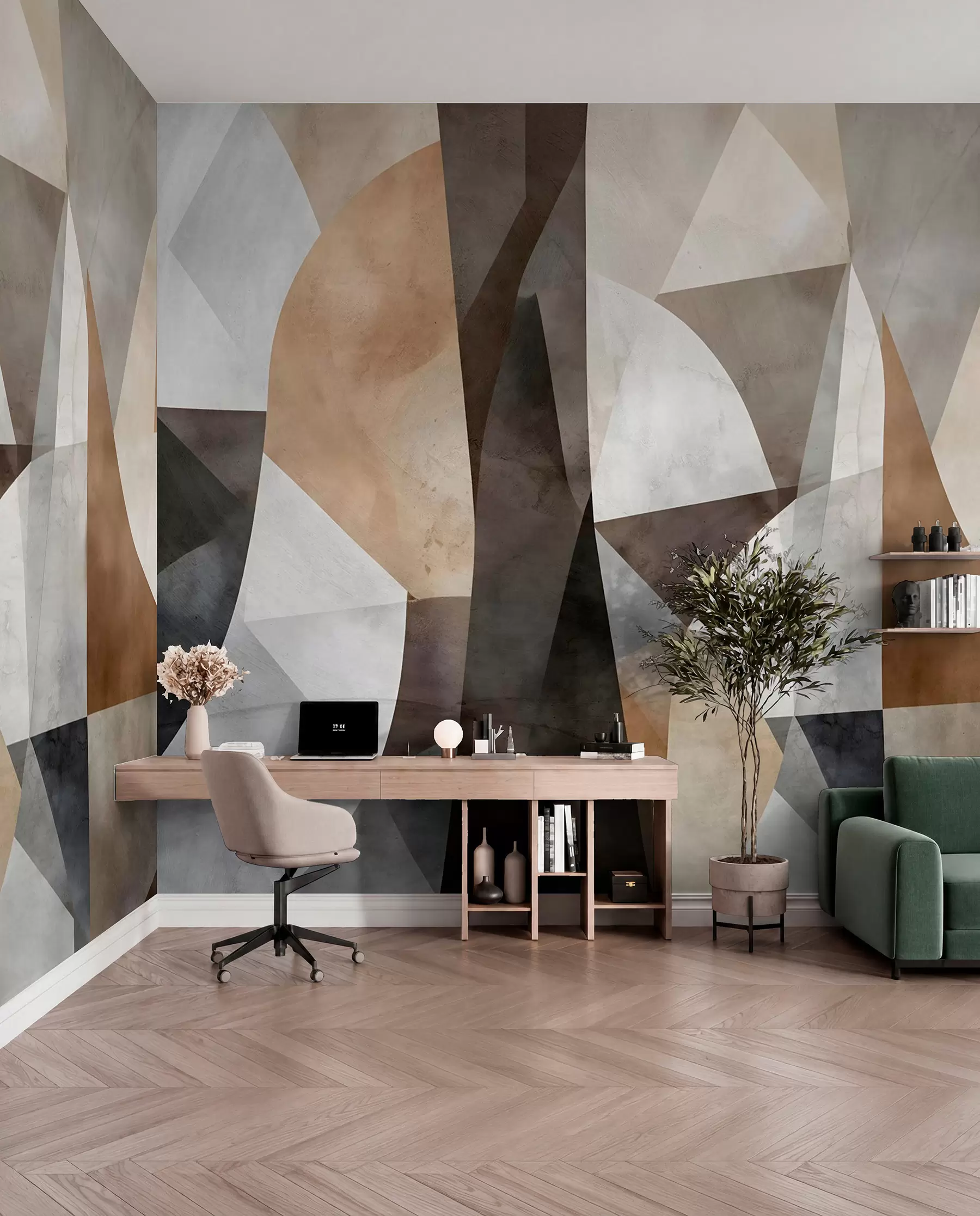 murais de parede Arte moderna abstrata com formas geométricas texturizadas em tons de marrom, cinza e bege w08530
