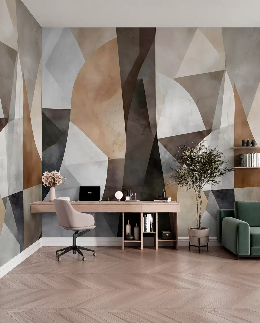 murais de parede Arte moderna abstrata com formas geométricas texturizadas em tons de marrom, cinza e bege w08530