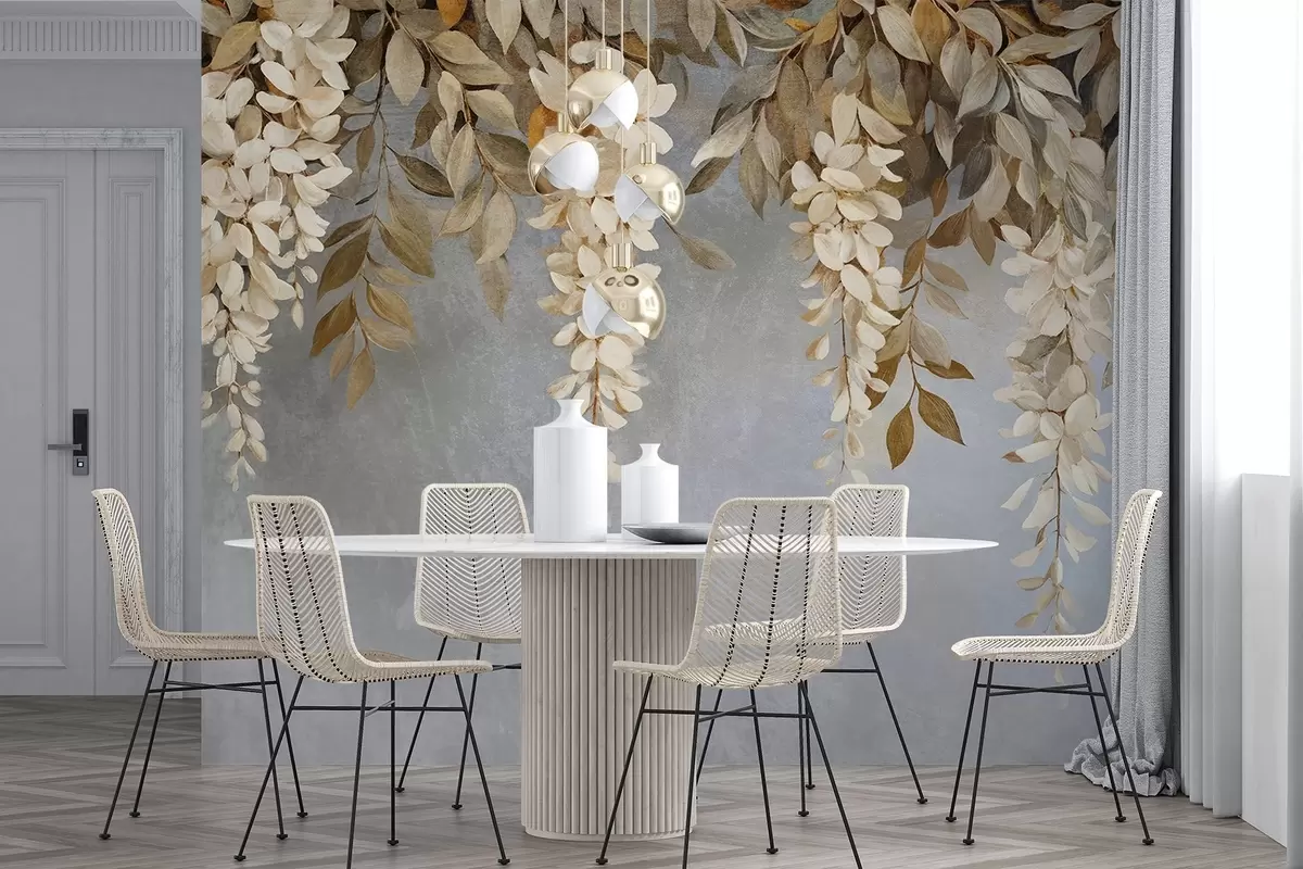 murais de parede Delicadas flores de glicínias brancas e bege claro com folhagem em cascata em um fundo cinza suave w08531