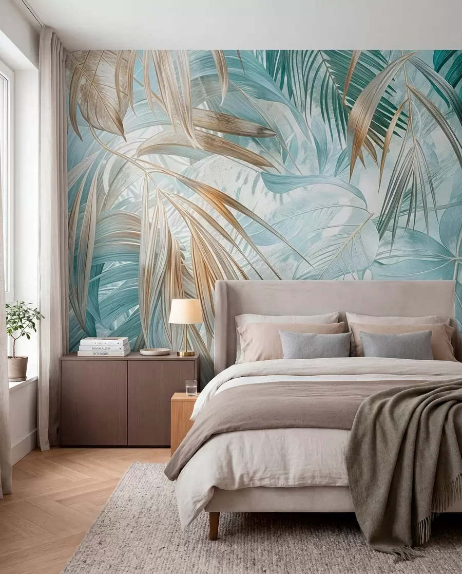 murais de parede Uma estampa floral abstrata tropical com grandes folhas de palmeira em tons de azul e bege cria uma atmosfera exuberante w08532