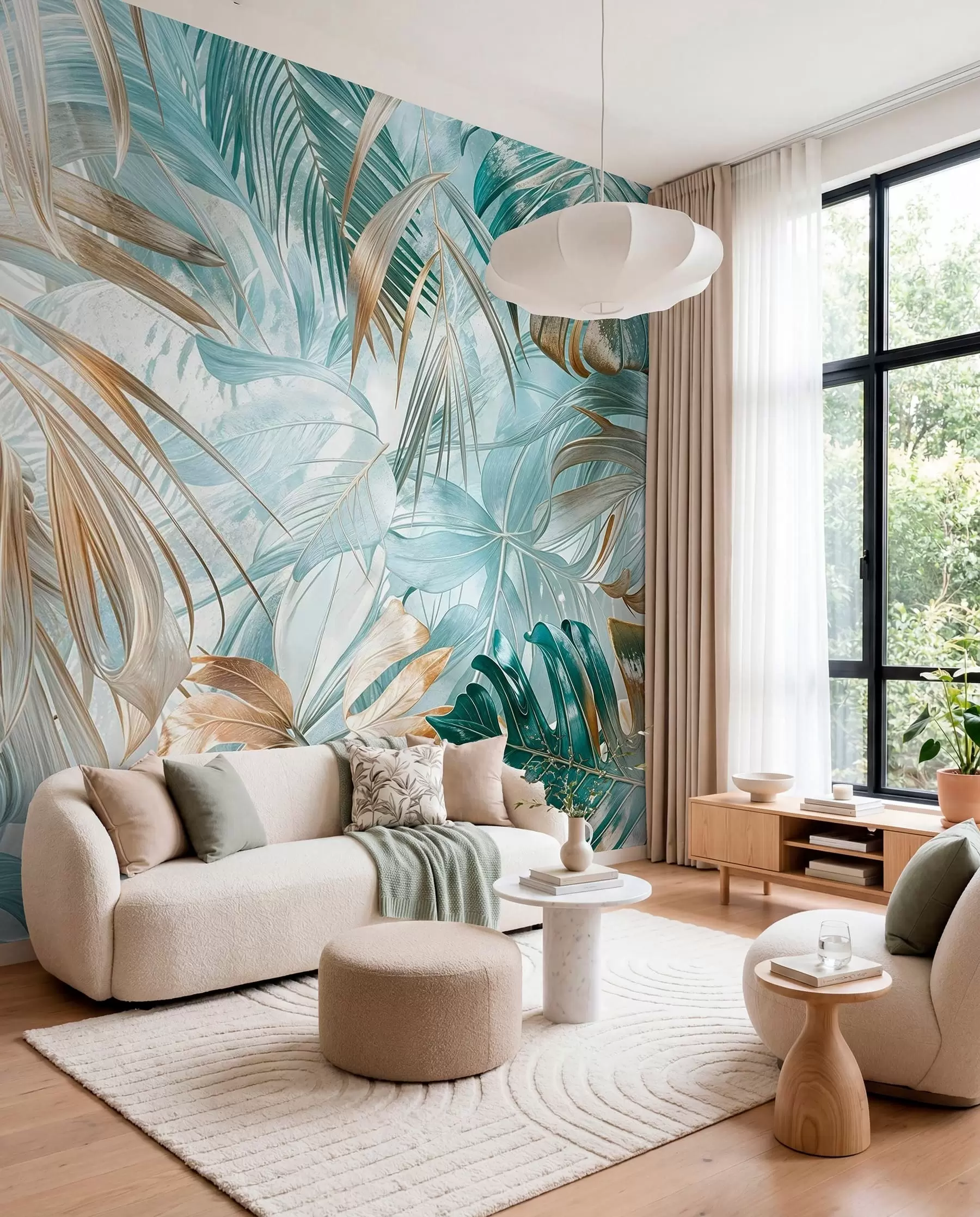 murais de parede Uma estampa floral abstrata tropical com grandes folhas de palmeira em tons de azul e bege cria uma atmosfera exuberante w08532
