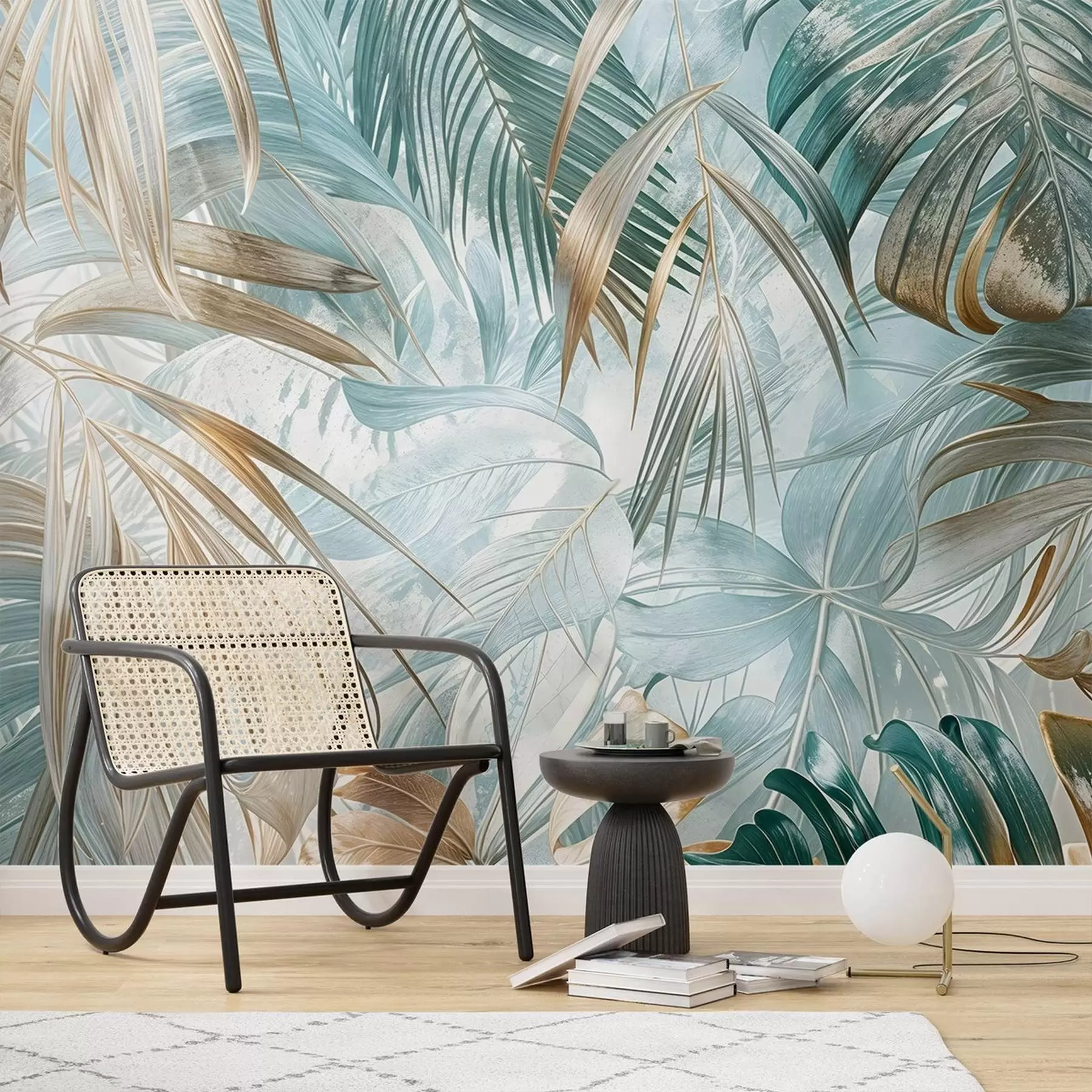 murais de parede Uma estampa floral abstrata tropical com grandes folhas de palmeira em tons de azul e bege cria uma atmosfera exuberante w08532