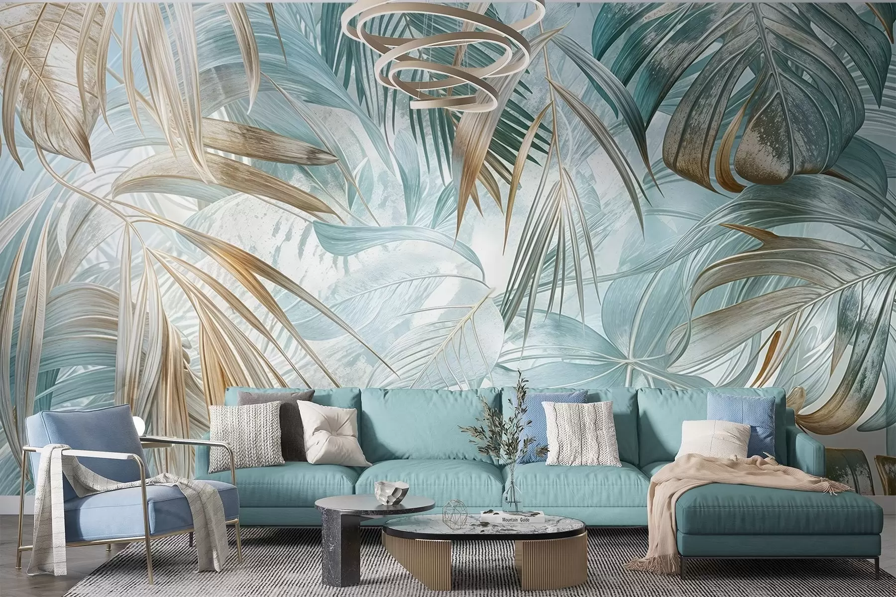 murais de parede Uma estampa floral abstrata tropical com grandes folhas de palmeira em tons de azul e bege cria uma atmosfera exuberante w08532