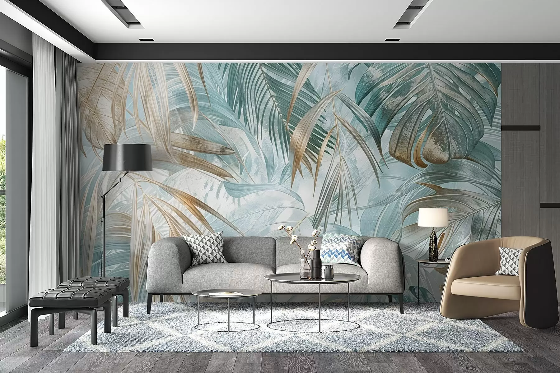 murais de parede Uma estampa floral abstrata tropical com grandes folhas de palmeira em tons de azul e bege cria uma atmosfera exuberante w08532