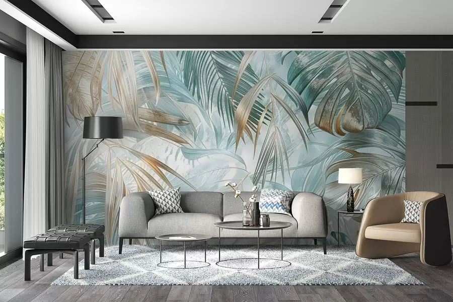 murais de parede Uma estampa floral abstrata tropical com grandes folhas de palmeira em tons de azul e bege cria uma atmosfera exuberante w08532