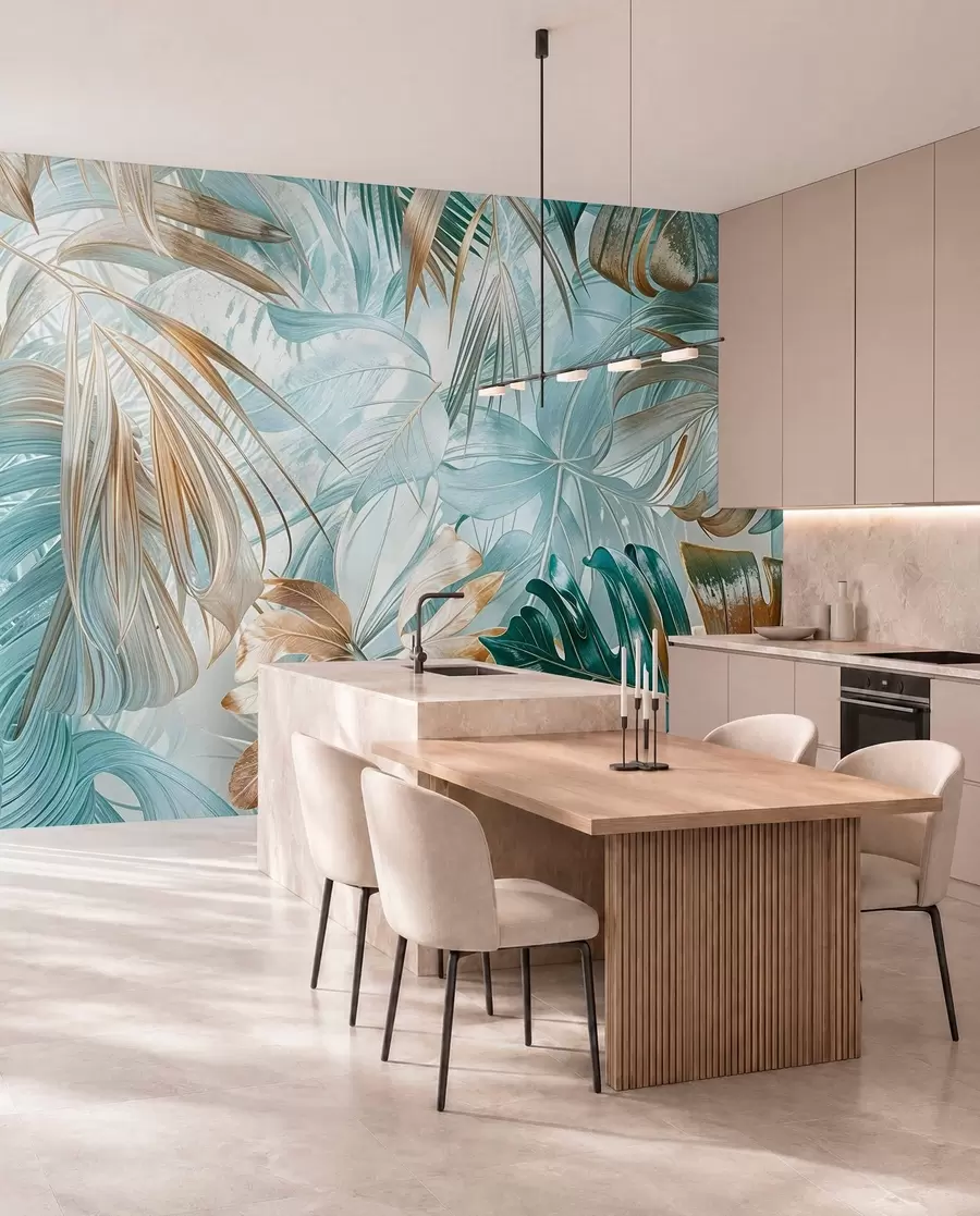 murais de parede Uma estampa floral abstrata tropical com grandes folhas de palmeira em tons de azul e bege cria uma atmosfera exuberante w08532
