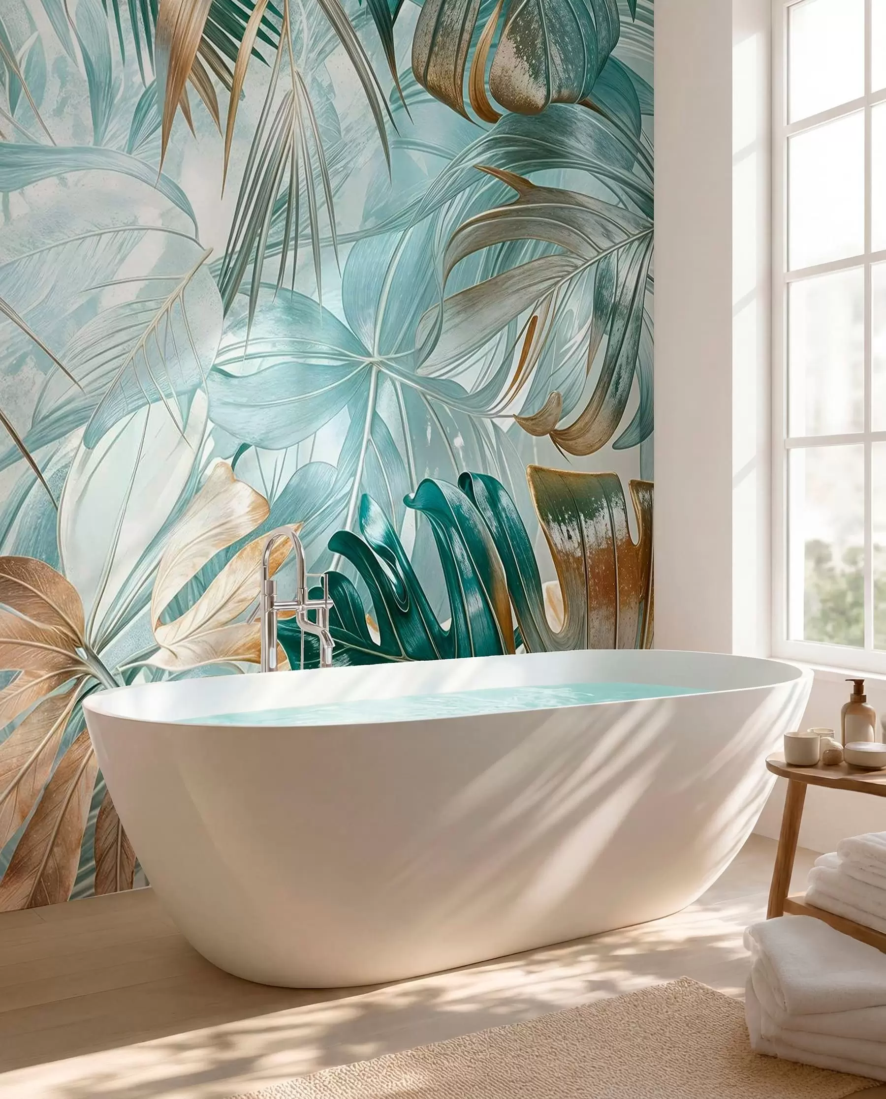 murais de parede Uma estampa floral abstrata tropical com grandes folhas de palmeira em tons de azul e bege cria uma atmosfera exuberante w08532