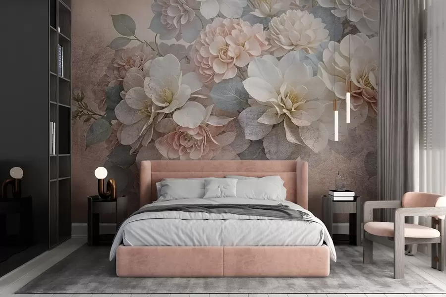 murais de parede Estampa texturizada suave com flores de peônia pêssego e branca com folhas verdes sobre o fundo bege w08534