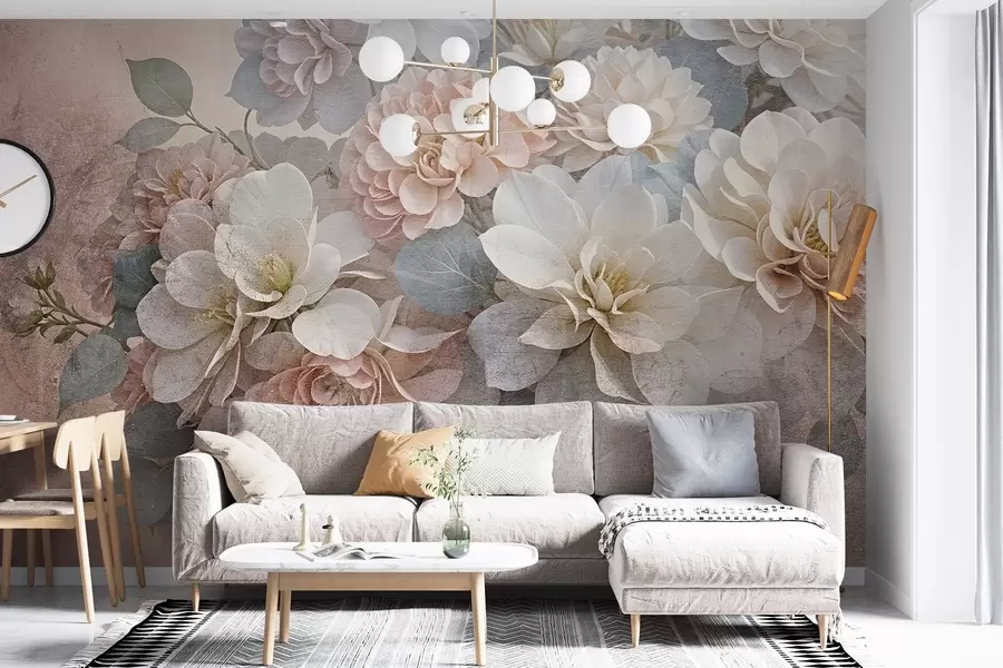 murais de parede Estampa texturizada suave com flores de peônia pêssego e branca com folhas verdes sobre o fundo bege w08534