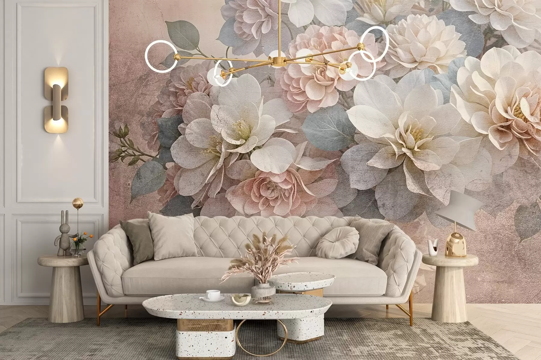 murais de parede Estampa texturizada suave com flores de peônia pêssego e branca com folhas verdes sobre o fundo bege w08534