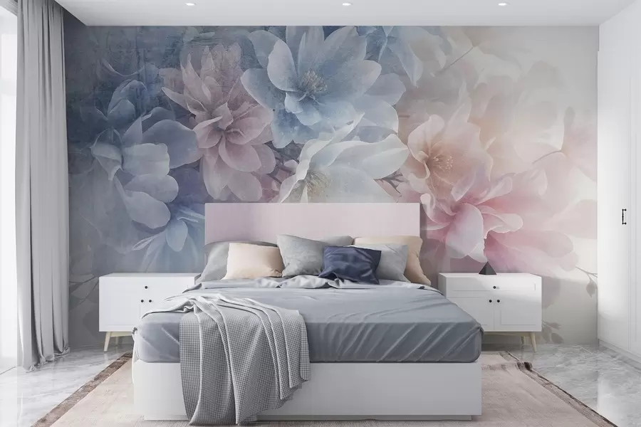 murais de parede Arranjo floral texturizado suave, em tons pastéis, com flores grandes e delicadas em tons de rosa, azul e branco  w08535