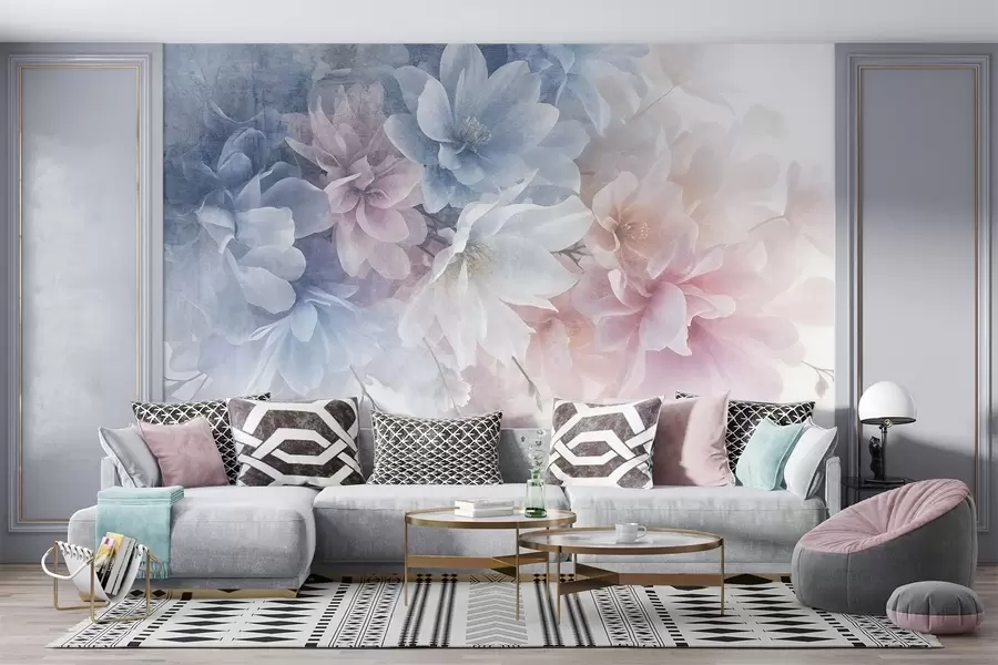murais de parede Arranjo floral texturizado suave, em tons pastéis, com flores grandes e delicadas em tons de rosa, azul e branco  w08535