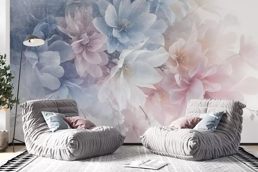 murais de parede Arranjo floral texturizado suave, em tons pastéis, com flores grandes e delicadas em tons de rosa, azul e branco  w08535