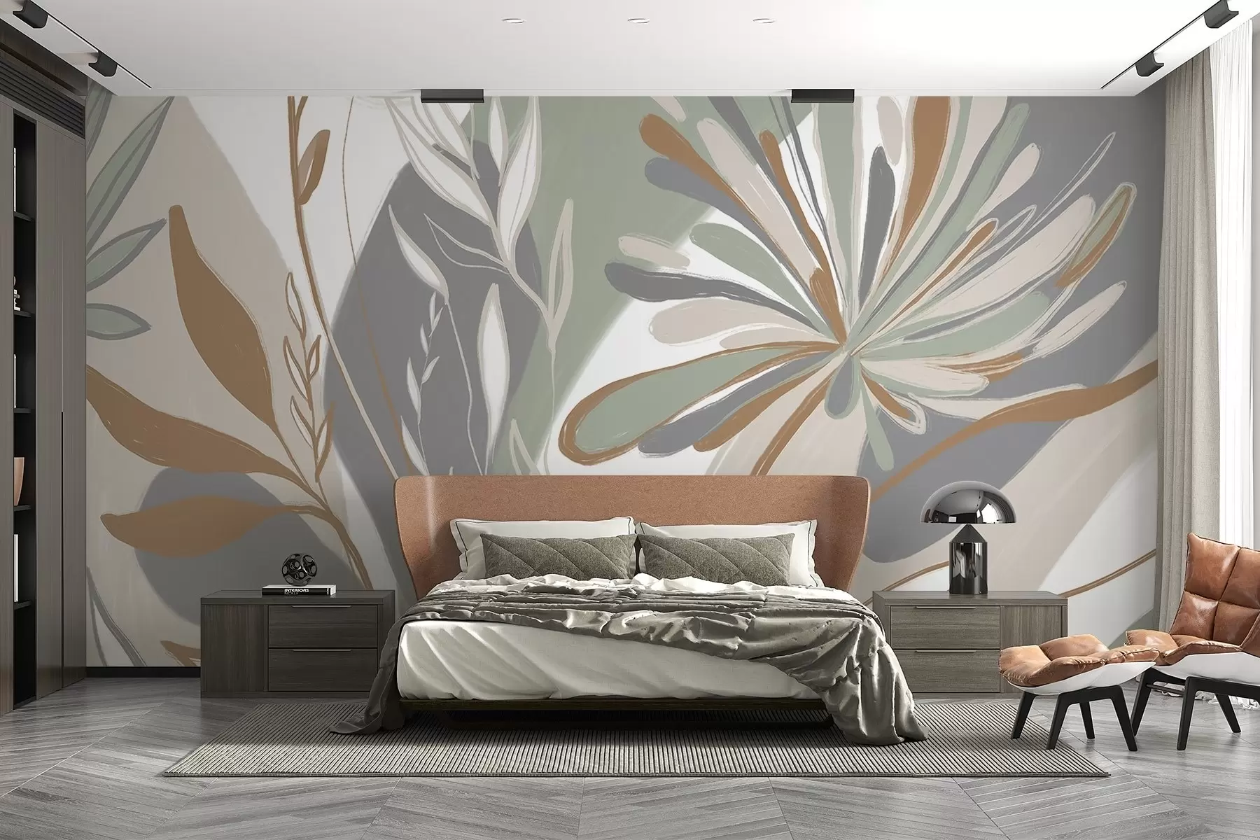 murais de parede Estampa floral abstrata minimalista com folhas e pétalas estilizadas em tons de verde, cinza e bege w08536
