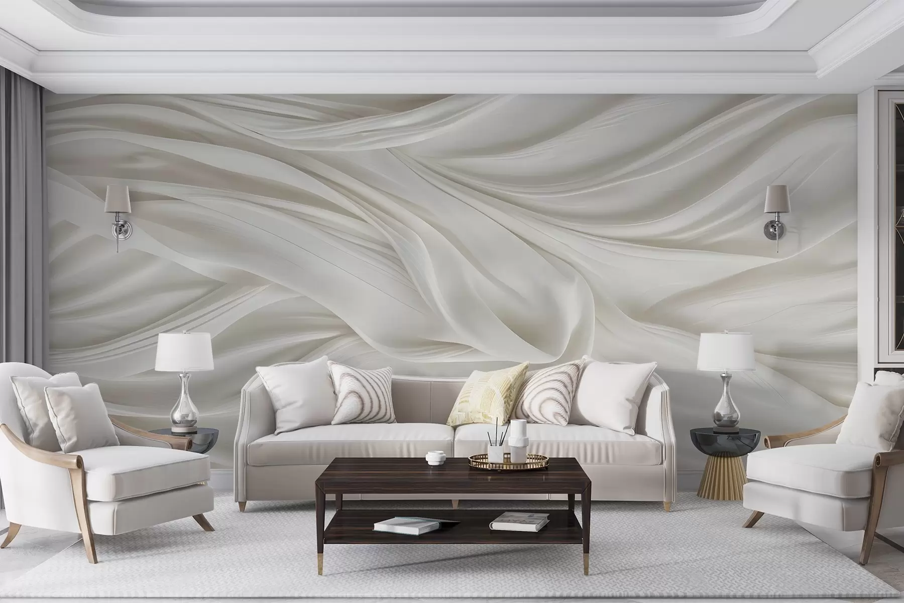 murais de parede Estampa moderna com imitação de tecido branco liso e fluido com dobras e vincos suaves e ondulantes w08537