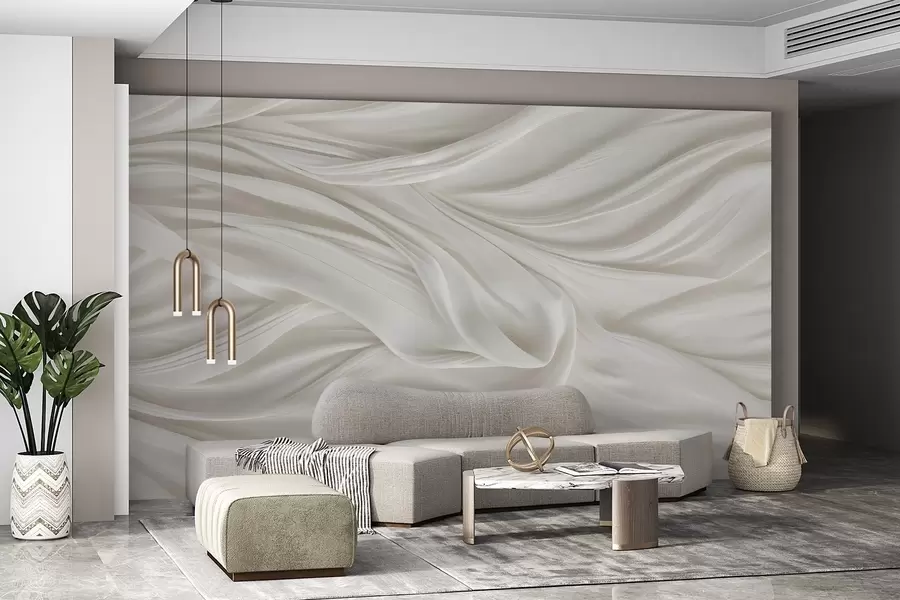 murais de parede Estampa moderna com imitação de tecido branco liso e fluido com dobras e vincos suaves e ondulantes w08537