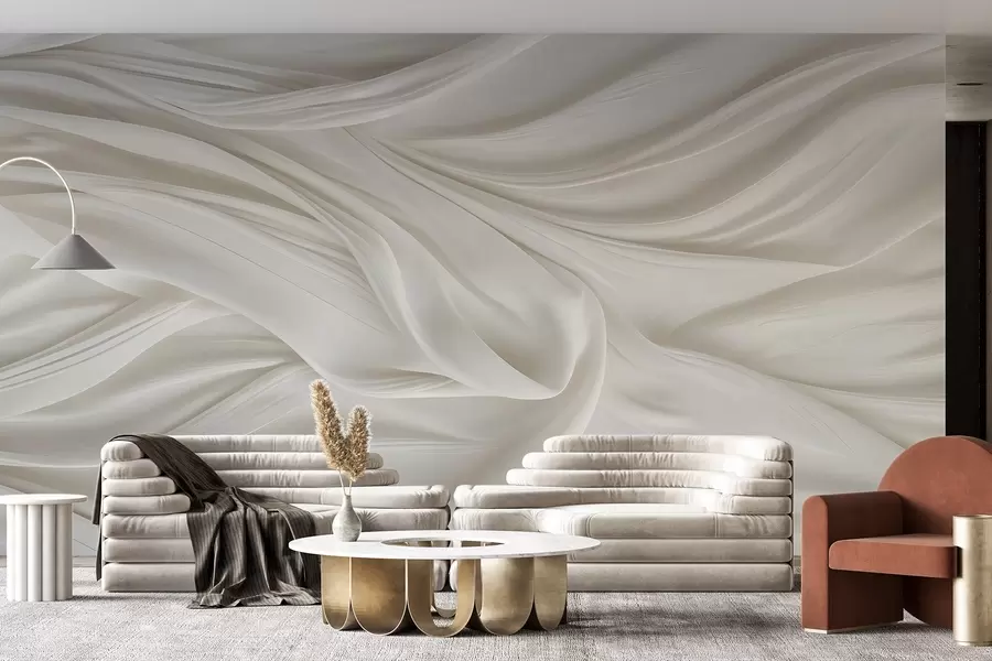 murais de parede Estampa moderna com imitação de tecido branco liso e fluido com dobras e vincos suaves e ondulantes w08537