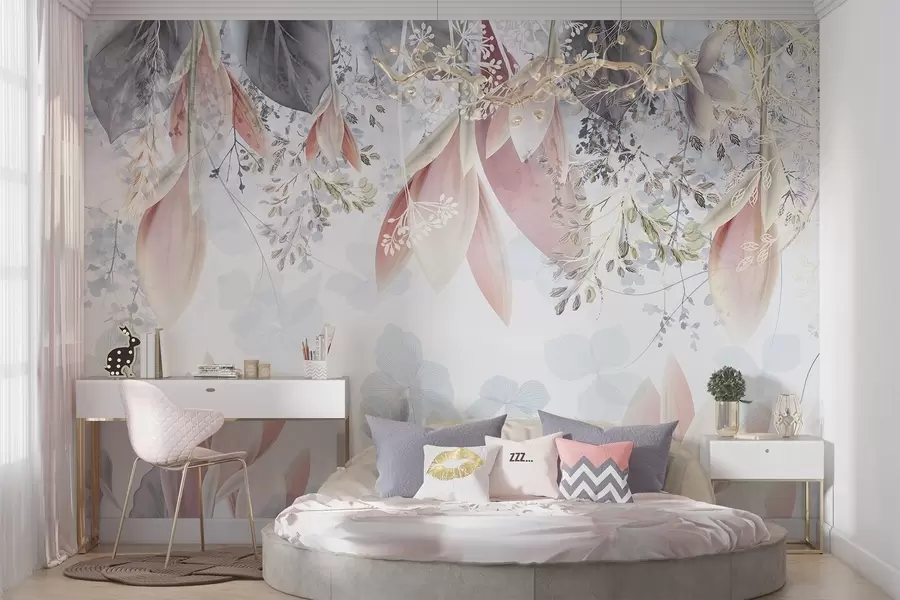 murais de parede Estampa floral suave, em tons pastéis, com pétalas e folhas delicadas em tons de rosa, branco e cinza w08538