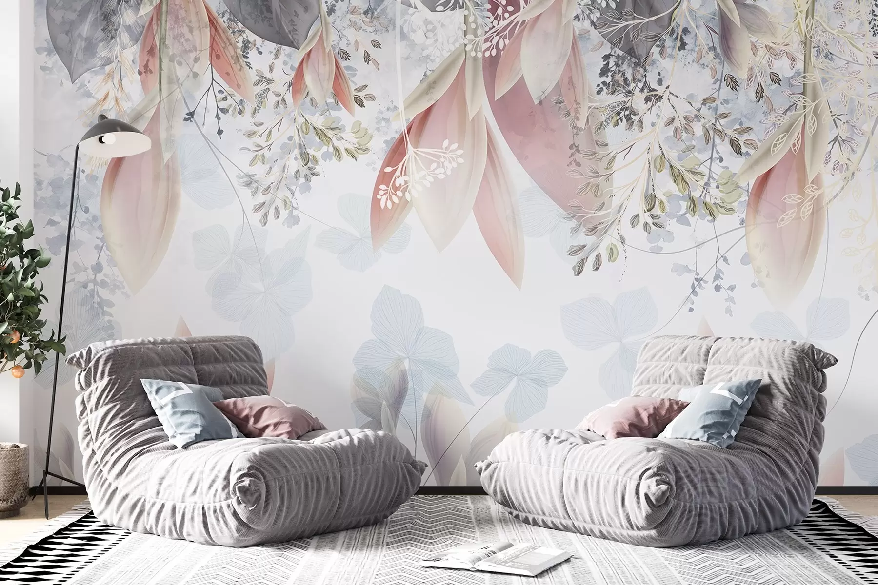 murais de parede Estampa floral suave, em tons pastéis, com pétalas e folhas delicadas em tons de rosa, branco e cinza w08538