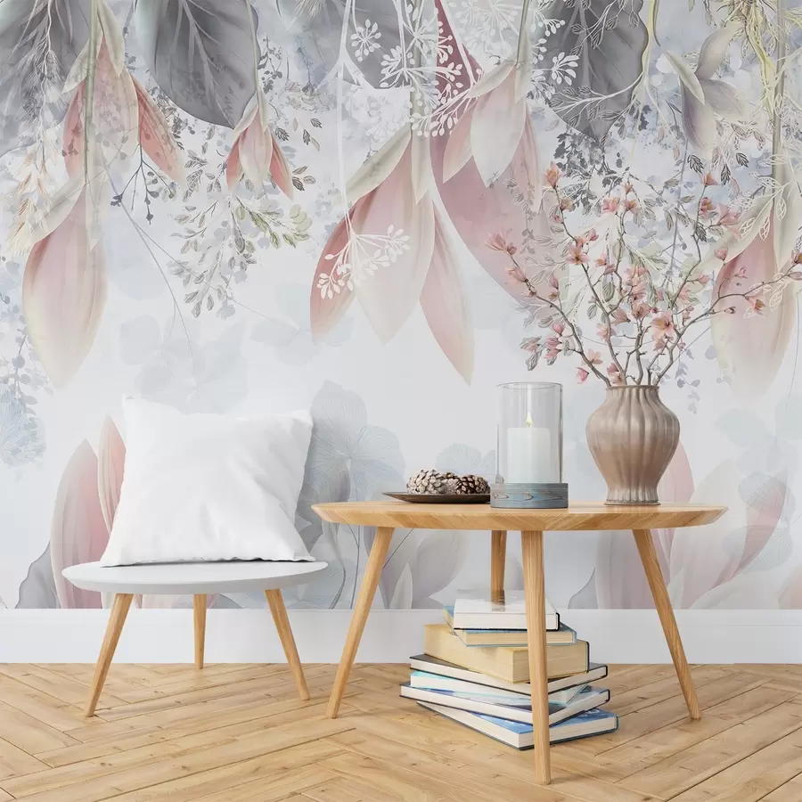 murais de parede Estampa floral suave, em tons pastéis, com pétalas e folhas delicadas em tons de rosa, branco e cinza w08538