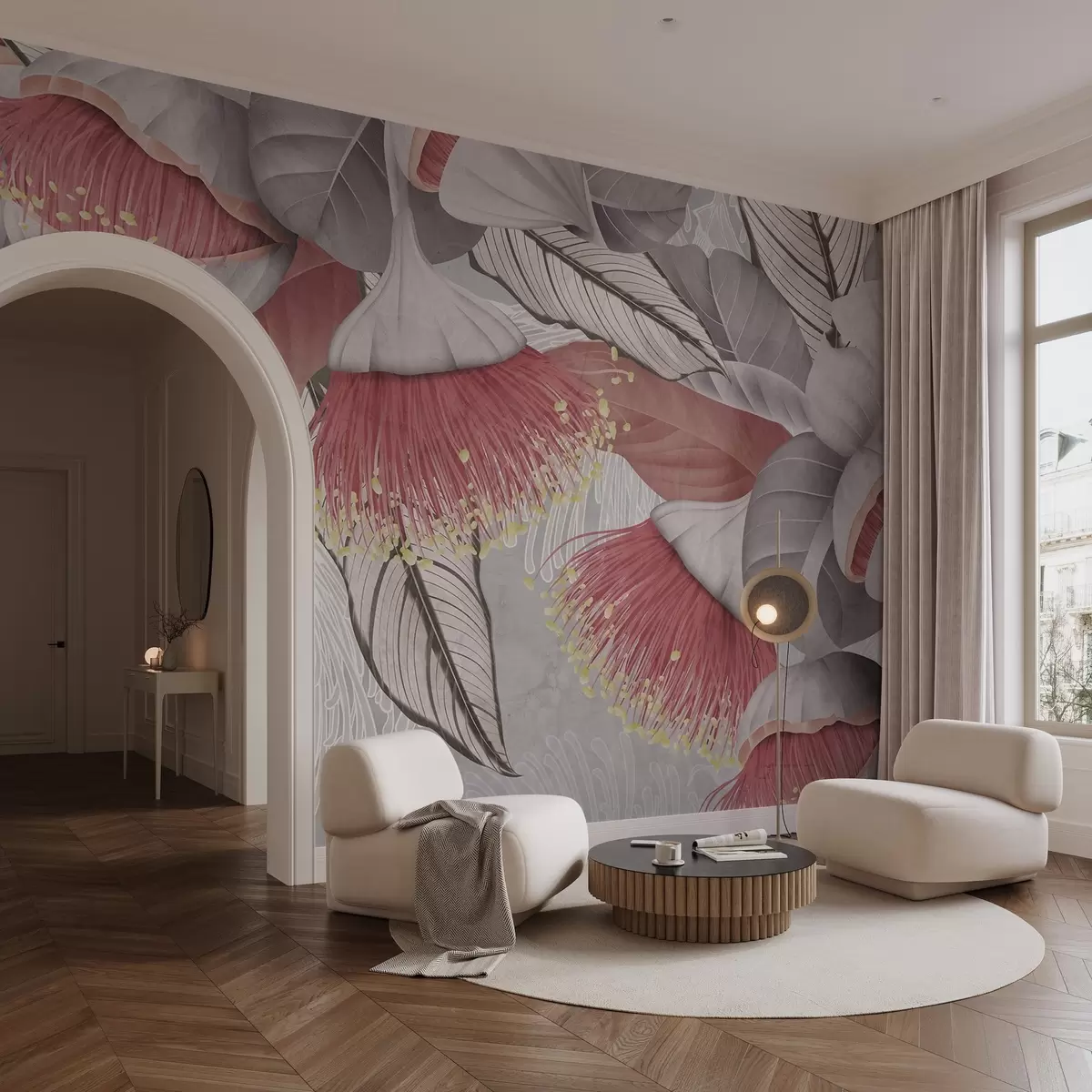 murais de parede Ilustração botânica de flores grandes de eucalipto com estames longos em um fundo cinza e branco w08539