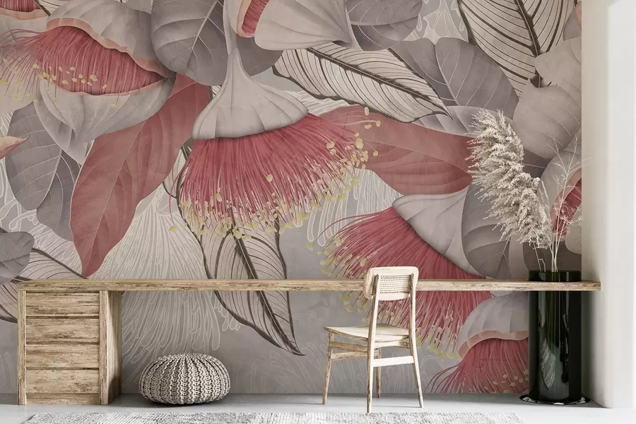 murais de parede Ilustração botânica de flores grandes de eucalipto com estames longos em um fundo cinza e branco w08539