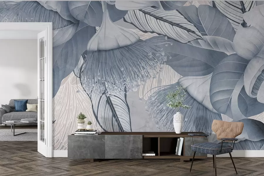 murais de parede Ilustração botânica de grandes flores azuis de eucalipto com estames longos em um fundo cinza e branco w08539v1