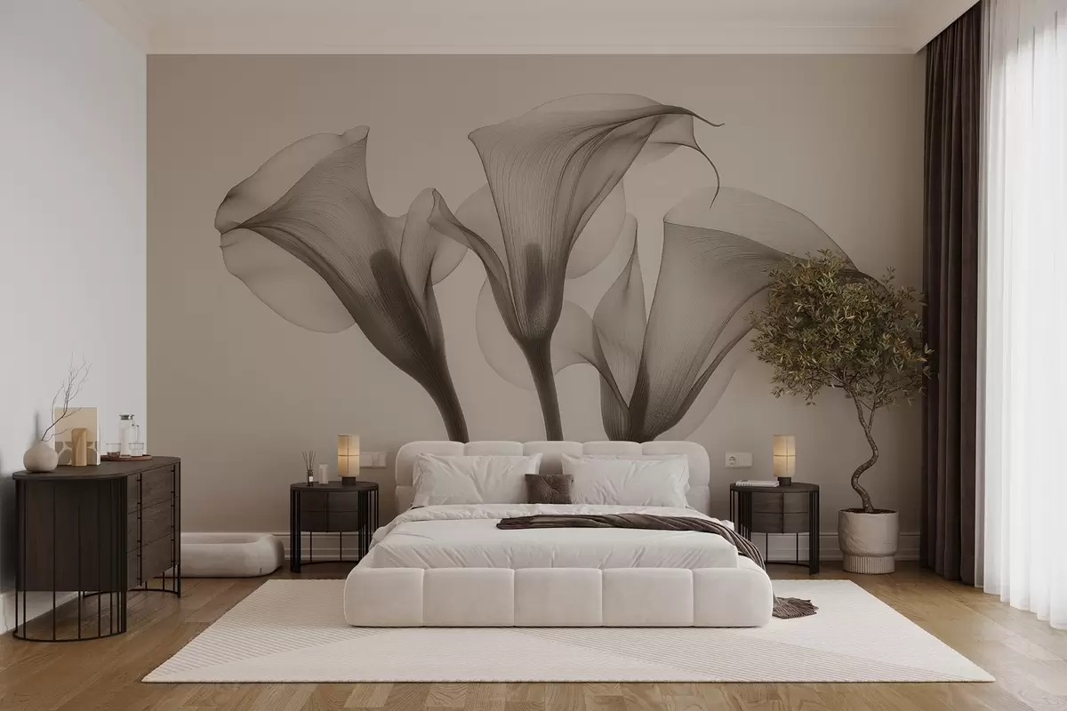 murais de parede flores Zantedeschia transparentes e arejadas em tons de bege  w02632