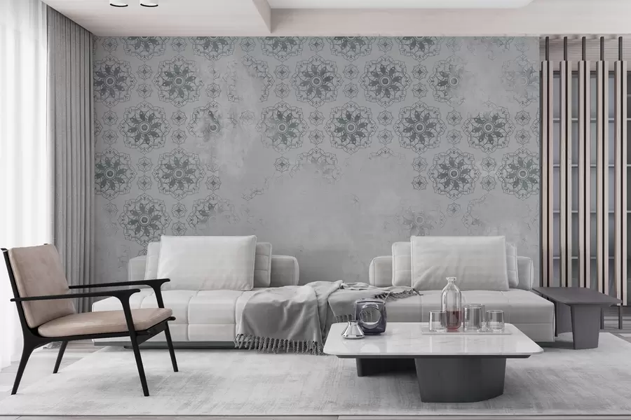 murais de parede Design vintage com elementos de mandala e efeito envelhecido em cinza claro w02551v2