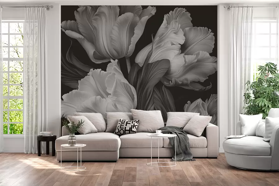 murais de parede Tulipas em preto e branco em estilo fotorrealista w02557