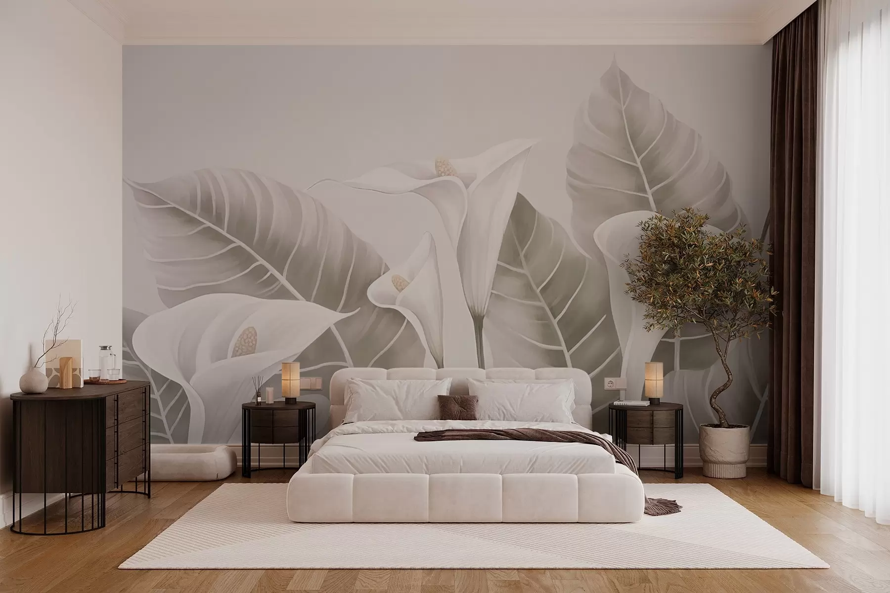 murais de parede lírios de calla em um fundo de folhas w02568